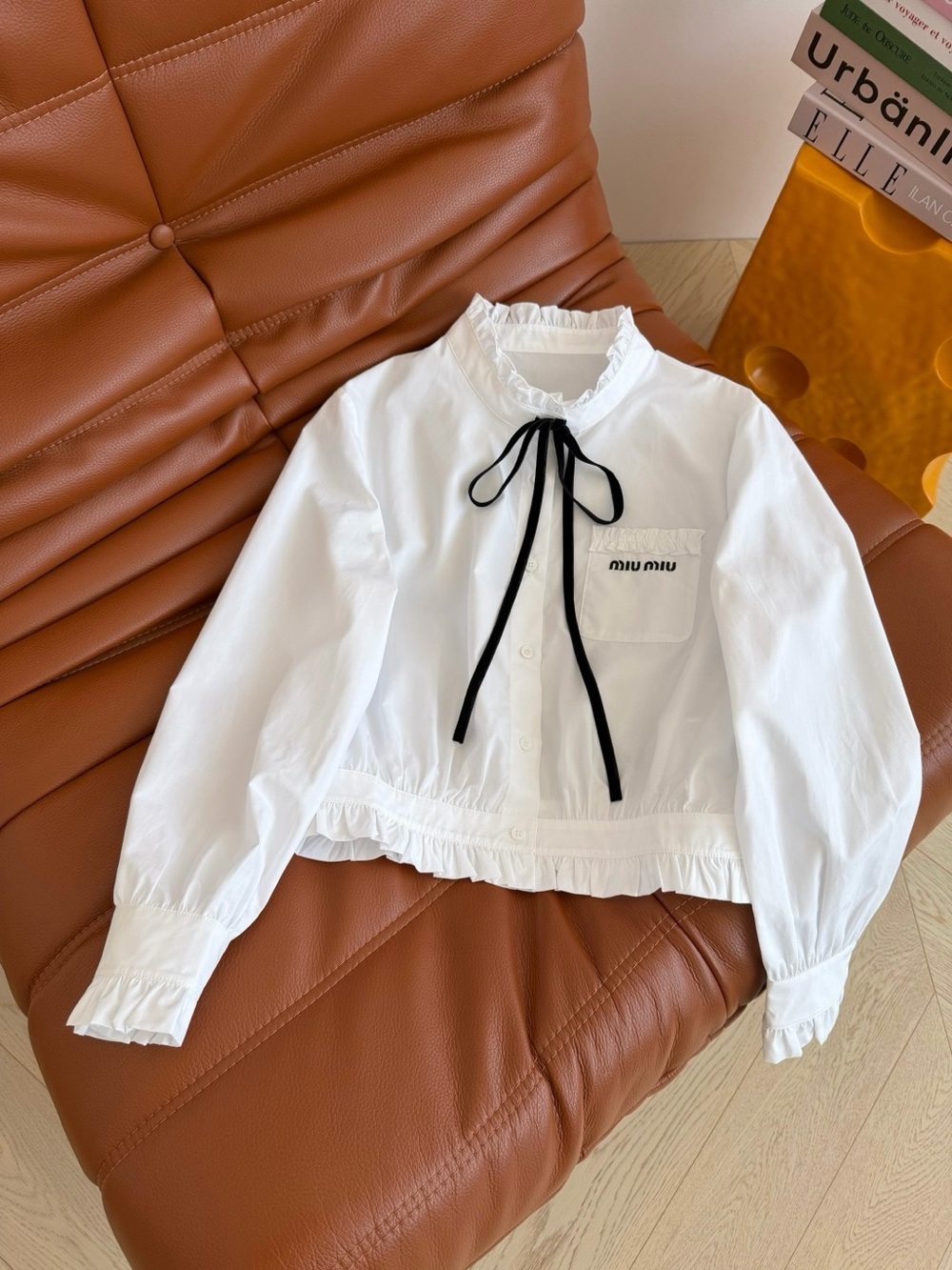 Miu Miu White Cotton Ruffle Jacket with Black Ribbon Tie